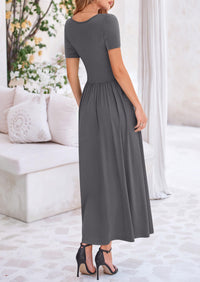Casual Short Sleeve Ruched Patchwork A Line Pleated Swing Maxi Dresses with Pockets