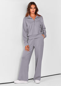 PRETTYGARDEN Women's 2 Piece Outfits Casual Lapel Half Zip Sweatshirts And Wide Leg Pants Tracksuit Sets