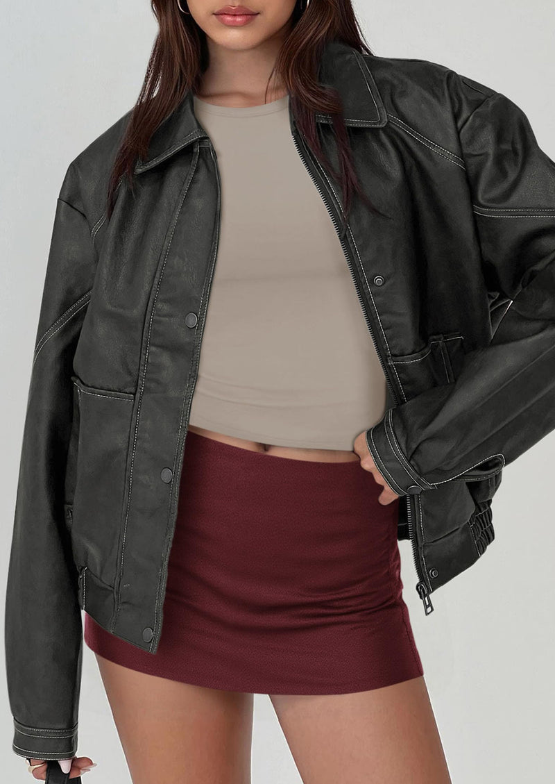 PRETTYGARDEN Faux Leather Jacket Women Bomber Motorcycle Zip Up Jackets Oversized Fall Fashion Outfits Winter Coats