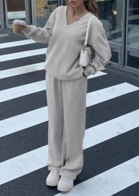 PRETTYGARDEN Casual Winter Two Piece Sets for Women V Neck Sweatshirt Loose Wide Leg Pants Tracksuit Knit Fall Outfits
