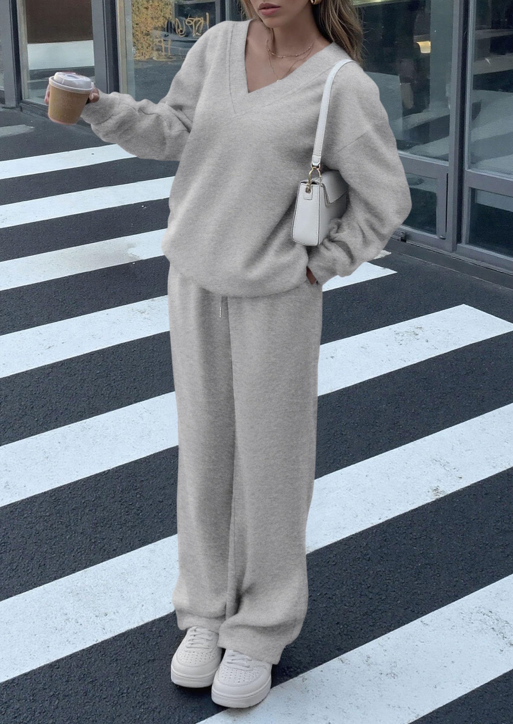 PRETTYGARDEN Casual Winter Two Piece Sets for Women V Neck Sweatshirt Loose Wide Leg Pants Tracksuit Knit Fall Outfits