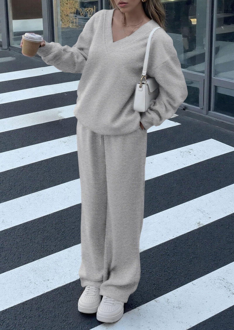 PRETTYGARDEN Casual Winter Two Piece Sets for Women V Neck Sweatshirt Loose Wide Leg Pants Tracksuit Knit Fall Outfits