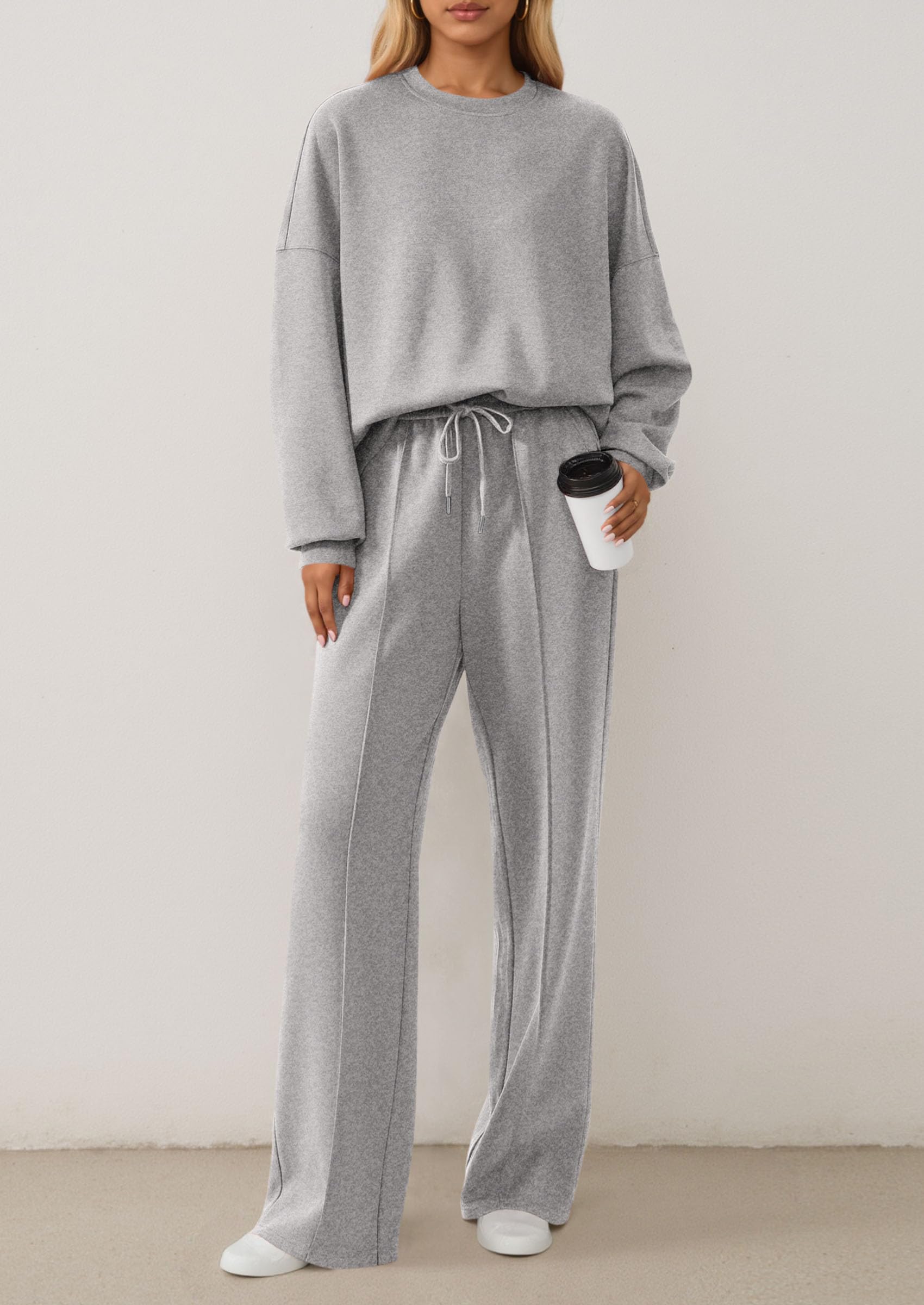 PRETTYGARDEN 2 Piece Sets For Women Fall Trendy Long Sleeve Sweatshirt Wide Leg Pants Loungewear Set Matching Sweatsuit