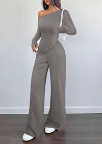 PRETTYGARDEN Casual Two Piece Sets for Women Fall Outfits Asymmetrical Off Shoulder Tops Wide Leg Pants Knit Lounge Set