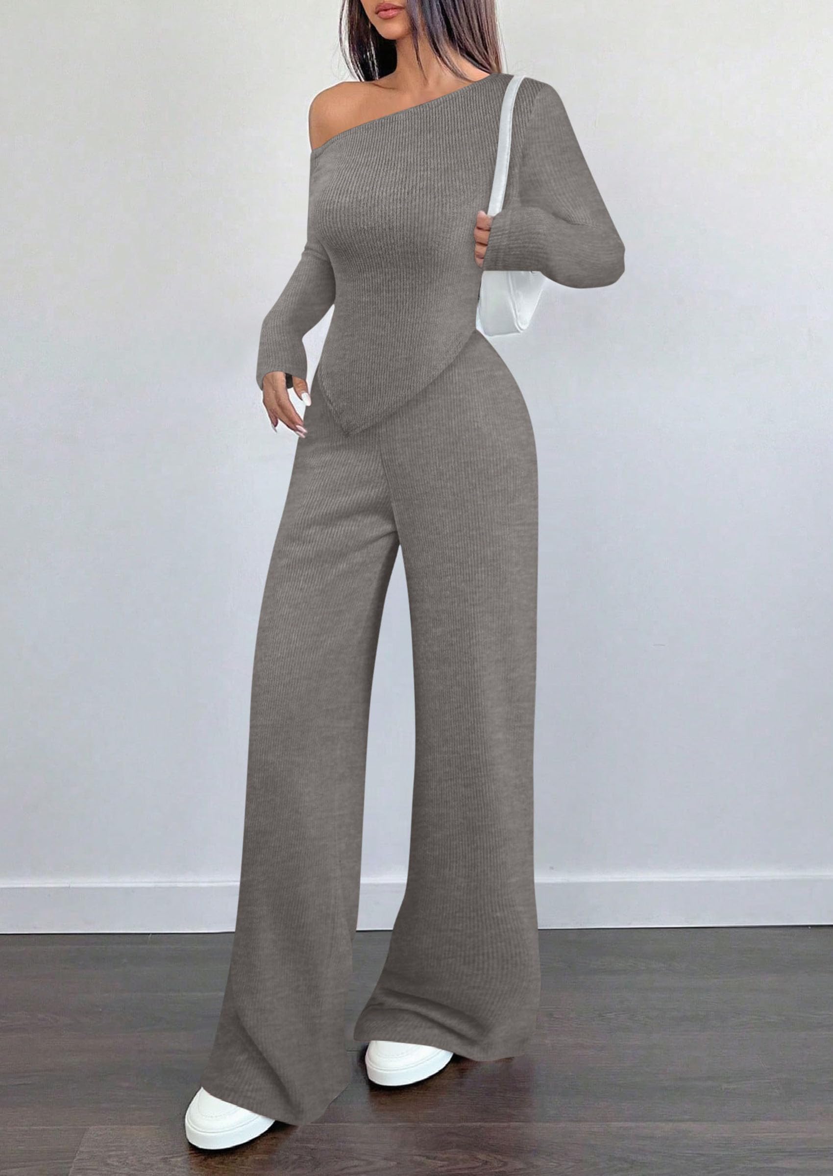 PRETTYGARDEN Casual Two Piece Sets for Women Fall Outfits Asymmetrical Off Shoulder Tops Wide Leg Pants Knit Lounge Set