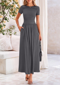 Casual Short Sleeve Ruched Patchwork A Line Pleated Swing Maxi Dresses with Pockets