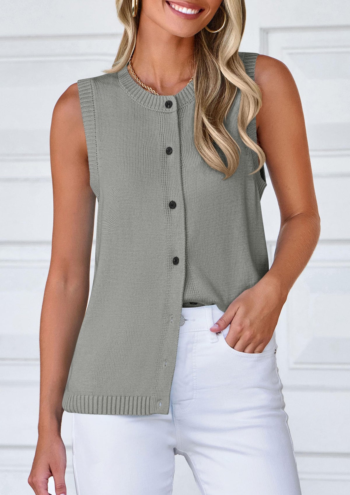 Sleeveless Button Down Business Casual Knit Tank Tops