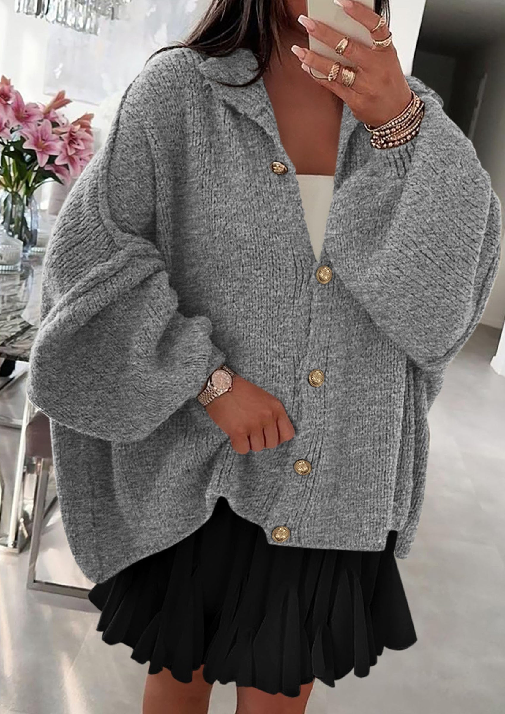 PRETTYGARDEN Women's Winter Button Down Cardigan Sweaters Mock Neck Lantern Long Sleeve Chunky Knit Jacket Trendy Outerwear