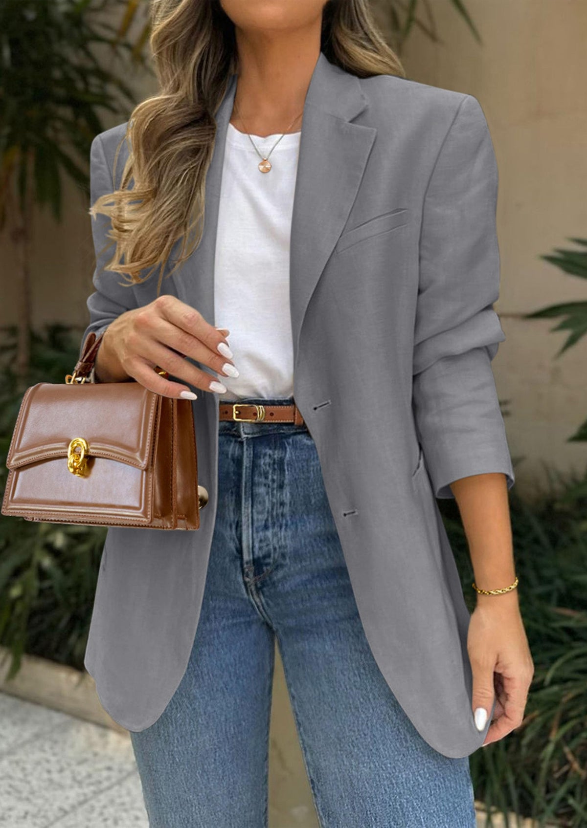 Business Casual Long Sleeve Lapel Open Front Suit Jacket Work Blazer with Pockets