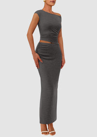 One Shoulder Sleeveless Ruched Slit Bodycon Two Piece Skirt Set