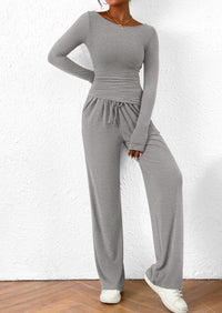 Asymmetrical Long Sleeve T-Shirt Wide Leg Pants Casual 2 Piece Sets