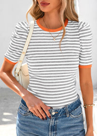Puff Sleeve Casual Ribbed Knit Color Block Striped Pullover T-shirts