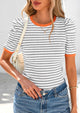 Puff Sleeve Casual Ribbed Knit Color Block Striped Pullover T-shirts