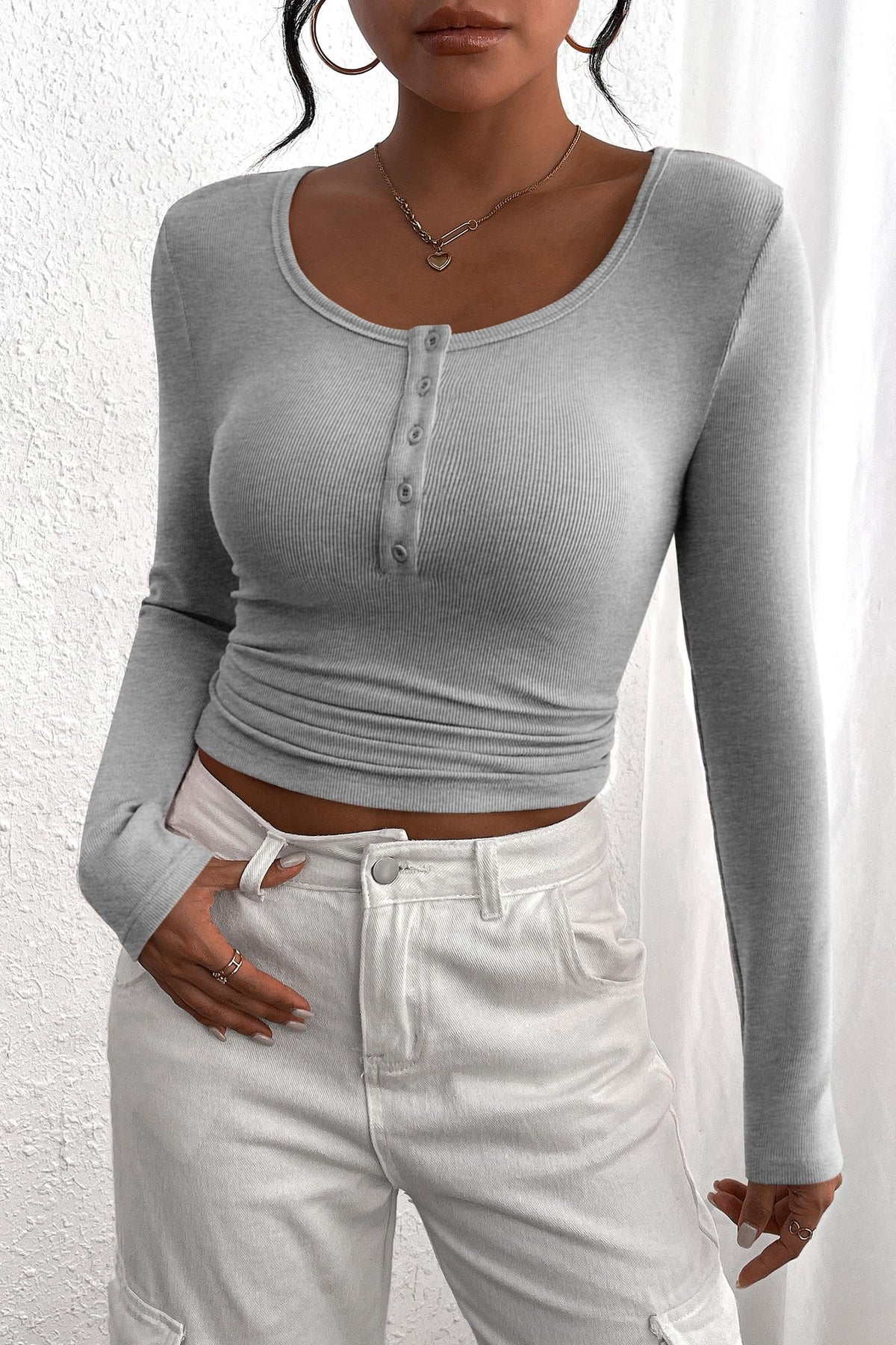 Long Sleeve Henley Button Down Ribbed Knit Slim Fit Casual T-shirts