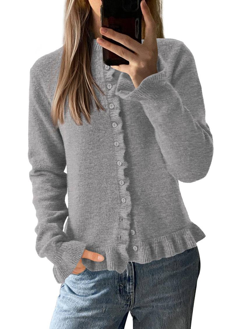 PRETTYGARDEN Womens Fall Button Down Cardigans Chunky Knit Ruffle Open Front Cropped Cardigan Sweaters Soft Long Sleeve Tops