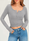 PRETTYGARDEN Women's Summer Long Sleeve Henley T Shirts Ribbed Knit Button Slim Fitted Basic Casual Going Out Fall Tops