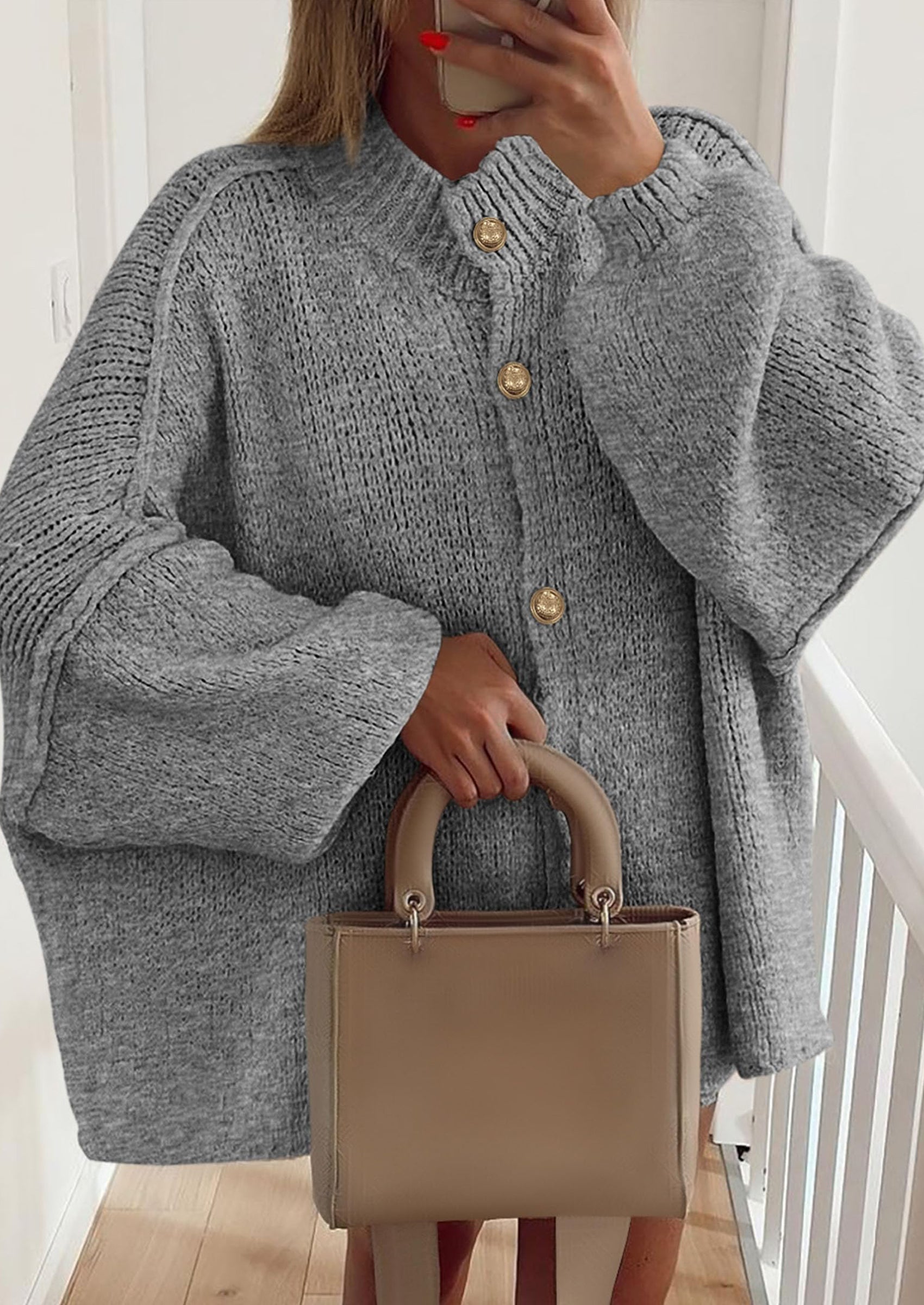 PRETTYGARDEN Women's Winter Button Down Cardigan Sweaters Mock Neck Lantern Long Sleeve Chunky Knit Jacket Trendy Outerwear