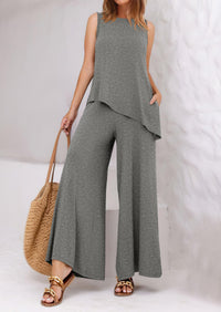 Asymmetrical Split Tank Tops Wide Leg Pants  Two Piece Sets