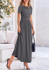 Casual Short Sleeve Ruched Patchwork A Line Pleated Swing Maxi Dresses with Pockets