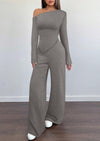 PRETTYGARDEN Casual Two Piece Sets for Women Fall Outfits Asymmetrical Off Shoulder Tops Wide Leg Pants Knit Lounge Set
