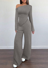 PRETTYGARDEN Casual Two Piece Sets for Women Fall Outfits Asymmetrical Off Shoulder Tops Wide Leg Pants Knit Lounge Set