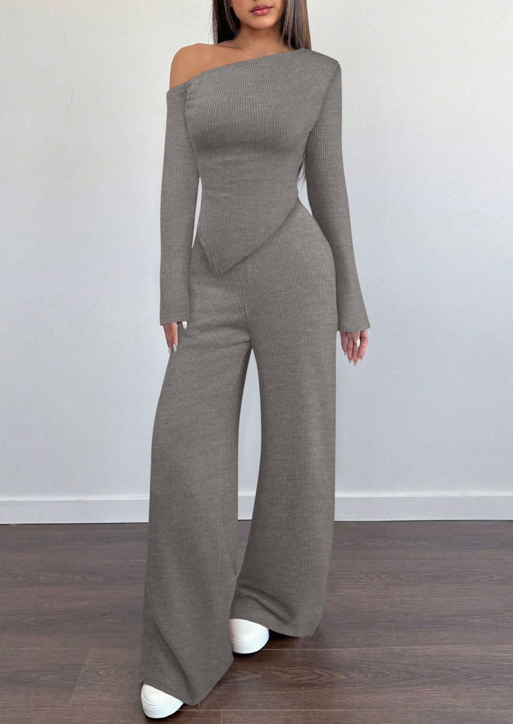 PRETTYGARDEN Casual Two Piece Sets for Women Fall Outfits Asymmetrical Off Shoulder Tops Wide Leg Pants Knit Lounge Set