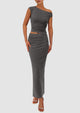 One Shoulder Sleeveless Ruched Slit Bodycon Two Piece Skirt Set