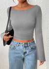 PRETTYGARDEN Women's Long Sleeve Shirts Fall Going Out Tops Casual Boat Neck Bell Sleeve Ribbed Ruched Y2K Clothes