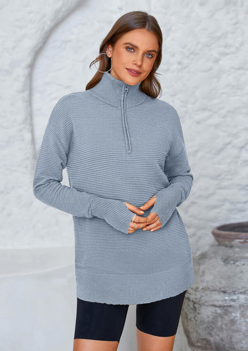 PRETTYGARDEN Womens Long Sleeve Quarter Zip Pullover Sweater Casual Loose V Neck Collared Ribbed Knit Jumper Tops Thumb Hole