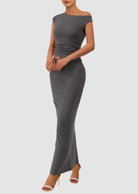 One Shoulder Sleeveless Ruched Slit Bodycon Two Piece Skirt Set