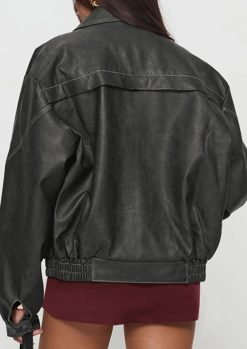 PRETTYGARDEN Faux Leather Jacket Women Bomber Motorcycle Zip Up Jackets Oversized Fall Fashion Outfits Winter Coats