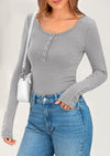 PRETTYGARDEN Women's Summer Long Sleeve Henley T Shirts Ribbed Knit Button Slim Fitted Basic Casual Going Out Fall Tops