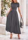 PRETTYGARDEN Women's Casual Dresses Summer Short Sleeve Ruched Patchwork A Line Pleated Swing Maxi Dress with Pockets