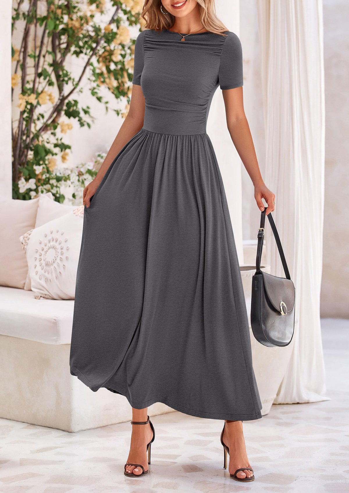 Casual Short Sleeve Ruched Patchwork A Line Pleated Swing Maxi Dresses with Pockets