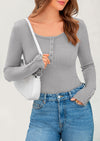 PRETTYGARDEN Women's Summer Long Sleeve Henley T Shirts Ribbed Knit Button Slim Fitted Basic Casual Going Out Fall Tops