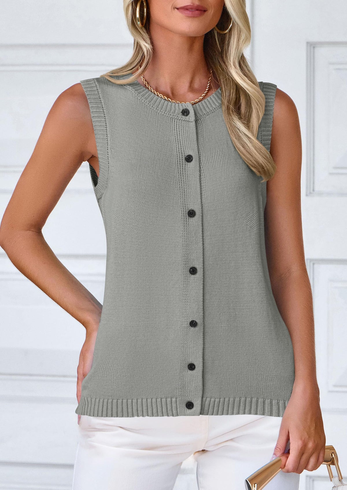 Sleeveless Button Down Business Casual Knit Tank Tops