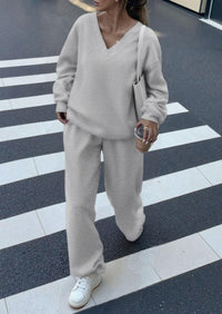 PRETTYGARDEN Casual Winter Two Piece Sets for Women V Neck Sweatshirt Loose Wide Leg Pants Tracksuit Knit Fall Outfits