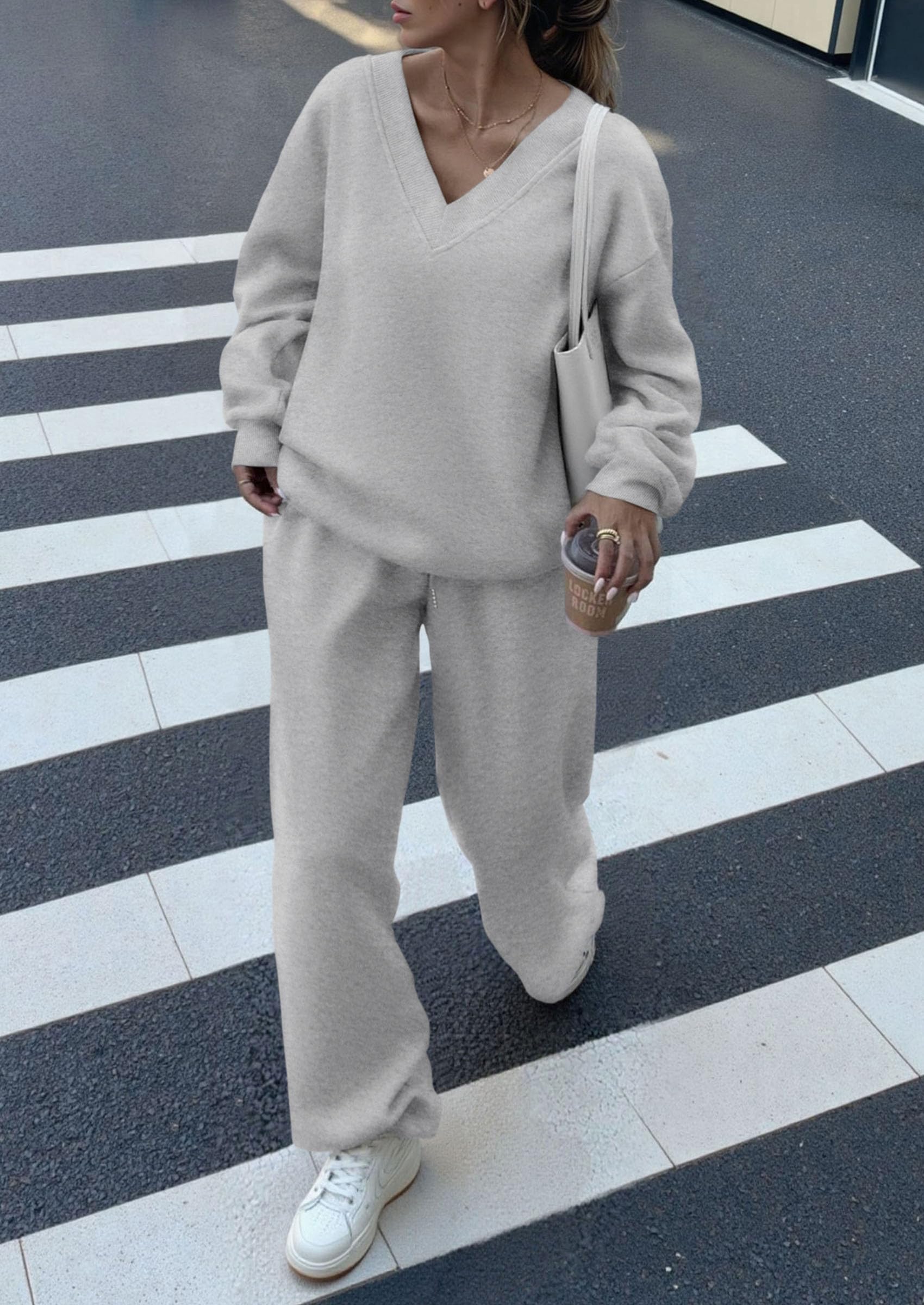 PRETTYGARDEN Casual Winter Two Piece Sets for Women V Neck Sweatshirt Loose Wide Leg Pants Tracksuit Knit Fall Outfits