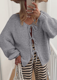 PRETTYGARDEN Women's Tie Front Bow Cardigan Sweaters Chunky Knit Long Puff Sleeve Trendy Fall Winter Jacket Coats