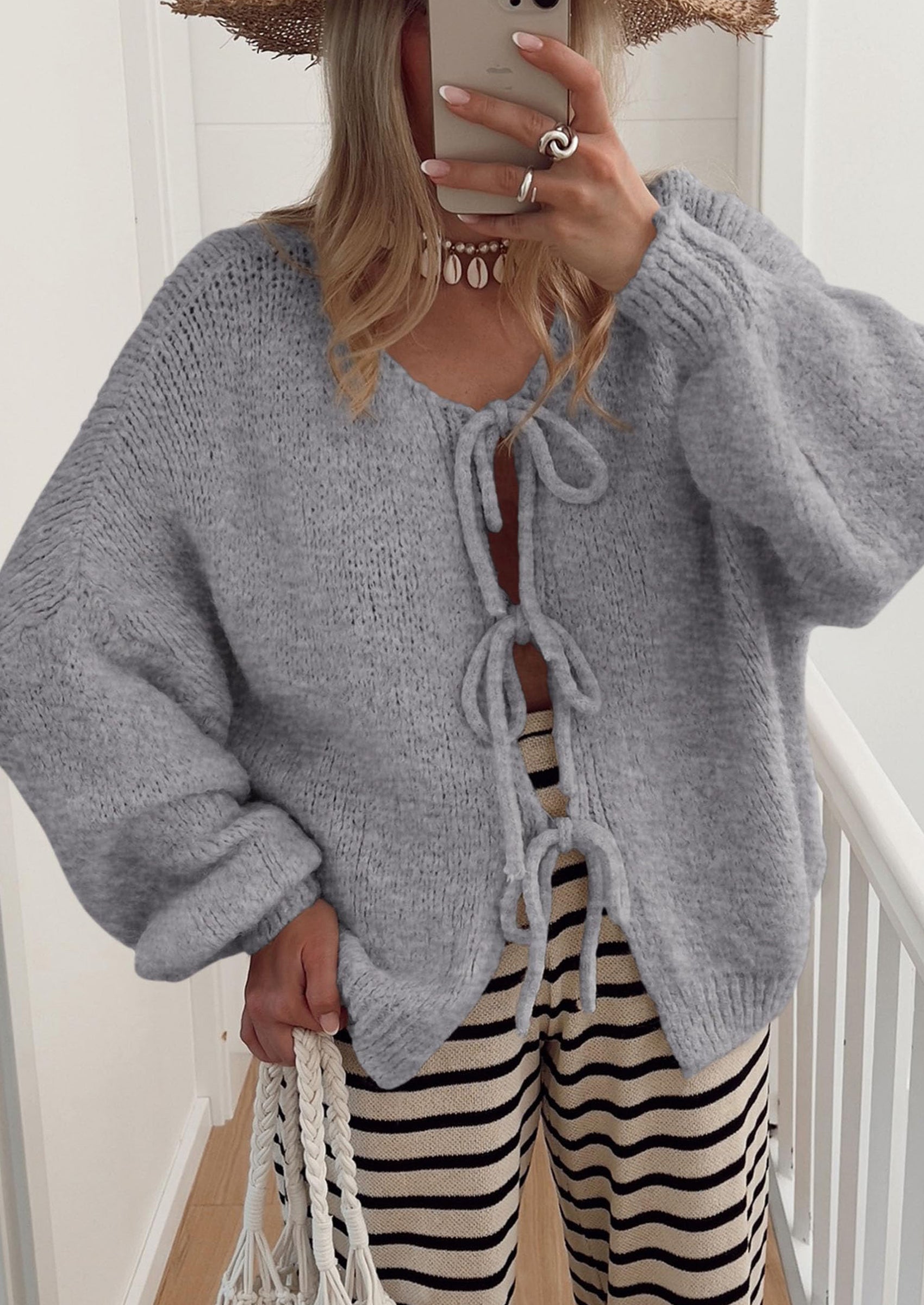 PRETTYGARDEN Women's Tie Front Bow Cardigan Sweaters Chunky Knit Long Puff Sleeve Trendy Fall Winter Jacket Coats