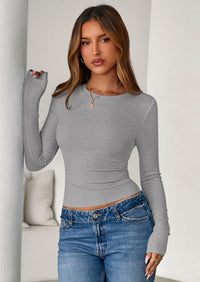 PRETTYGARDEN Womens Summer Fall Long Sleeve Shirts Ribbed Knit Fitted Basic Tee Going Out Tops Underscrub Casual Outfits
