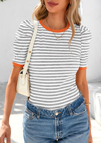 Puff Sleeve Casual Ribbed Knit Color Block Striped Pullover T-shirts