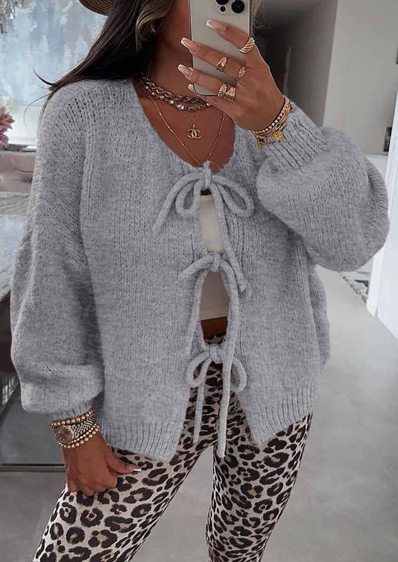 PRETTYGARDEN Women's Tie Front Bow Cardigan Sweaters Chunky Knit Long Puff Sleeve Trendy Fall Winter Jacket Coats