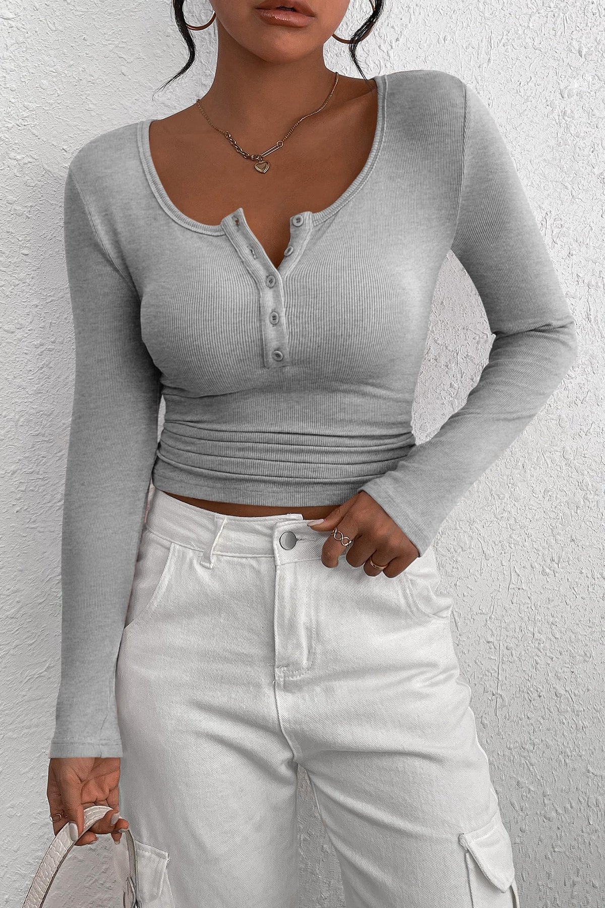 Long Sleeve Henley Button Down Ribbed Knit Slim Fit Casual T-shirts
