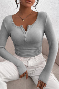 Long Sleeve Henley Button Down Ribbed Knit Slim Fit Casual T-shirts