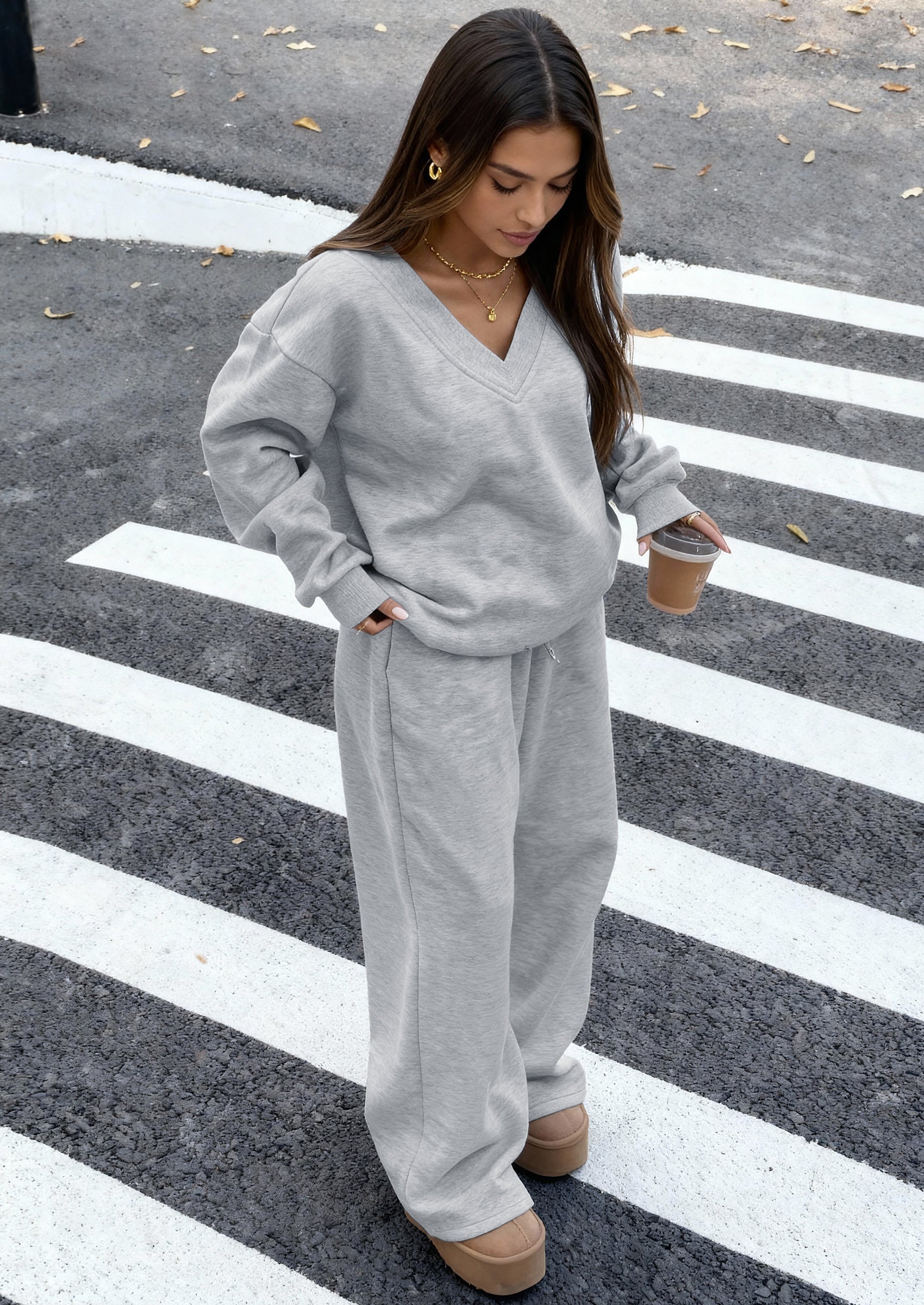 PRETTYGARDEN Casual Winter Two Piece Sets for Women V Neck Sweatshirt Loose Wide Leg Pants Tracksuit Knit Fall Outfits PRETTYGARDEN