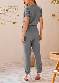 Deep V Neck Wrap Drawstring Waist Jumpsuits