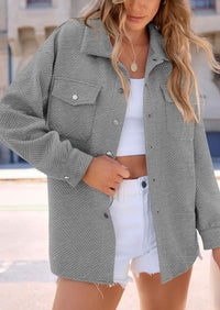 Button Down Collared Long Sleeve Textured Casual Shacket Jackets
