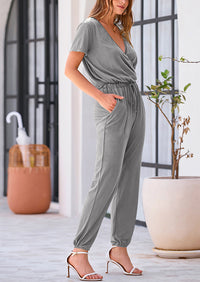 Deep V Neck Wrap Drawstring Waist Jumpsuits