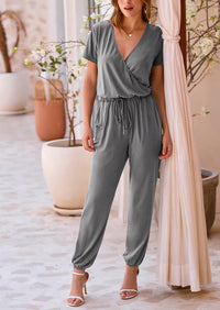 Deep V Neck Wrap Drawstring Waist Jumpsuits